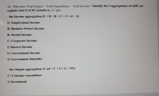 Total Income? Identify the 3 aggregations of GDP and 18. Why does Total Output Total Expenditure explain what EACH variable i