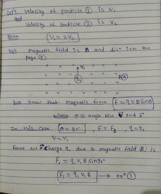 and is vi ② is v₂ lets velocity of particle - Velocity of particle given (1,= BV lett magnetic field is B and dish into the