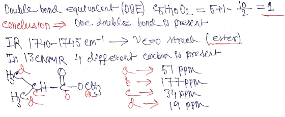 Double bond equivalent (DRE) Cotto 0) = 571-10 = 1 conclusion » One double bond is present IR 1740-1745 em 1 > Veco streek (e