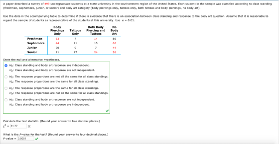 A paper described a survey of 499 undergraduate students at a state university in the southwestern region of the United States. Each student in the sample was classified according to class standing (freshman, sophomore, Junior, or senior) and body art category (body piercings only, tattoos only, both tattoos and body piercings, no body art) Use the data in the accompanying table to determine if there is evidence that there is an association between class standing and response to the body art question. Assume that it is reasonable to regard the sample of students as representative of the students at this university. Use α = 0.01 Both Body Tattoos 14 10 Body No Art 86 PiercingsTattoos Piercing and Body Only Only Freshman Sophomore Junior Senior 63 20 9 17 24 56 State the null and alternative hypotheses. Ho: Class standing and body art response are independent. H: Class standing and body art response are not independent. OHo: The response proportions are not all the same for all class standings Ha: The response proportions are the same for all class standings. O Ho: The response proportions are the same for all class standings. Ha: The response proportions are not all the same for all class standings. Ho: Class standing and body art response are not independent. Ha: Class standing and body art response are independent. Calculate the test statistic. (Round your answer to two decimal places.) 31.77 What is the P-value for the test? (Round your answer to four decimal places.) P-value = 0.0001