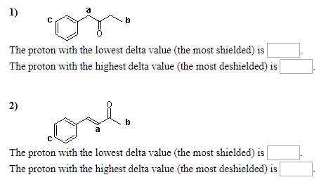 The proton with the lowest delta value the most shielded) is The proton with the highest delta value the most deshielded) is