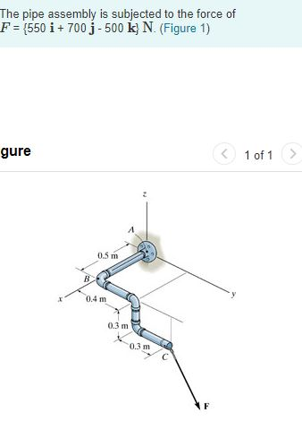 The pipe assembly is subjected to the force of F (550 i+ 700 j-500 k N. (Figure 1) gure 1 of 1 1 0.5 m 0.4 m 0.3 m In 0.3 m