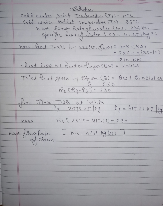 specific heat = = 210 KW Solution: cold weater gnlet Temperature (Ti) = 10°C cold weater outlet Temberature (To) = 35°C mars