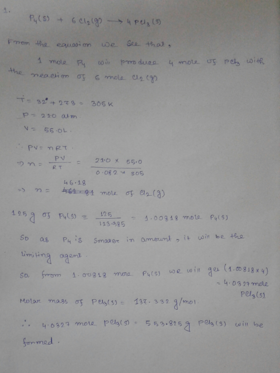 Puls) + 6 Cl₂(g) 4 Pelz (3) From the equation we see that a 4 more of pet with I mole Py the neaction of will produce 6 mole