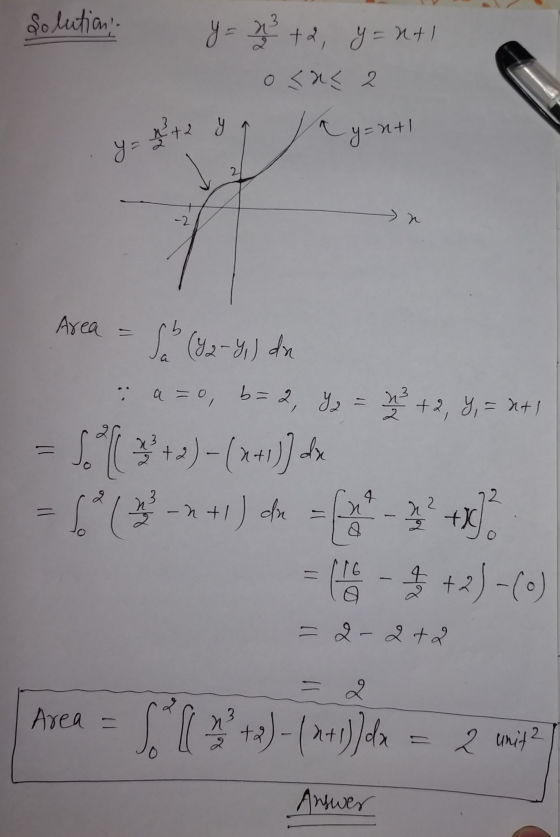 Solution y = x + 2 y = x+1 o<ne 2 y y = kite y y=n+1 2 -2 Area = . - S (y2-yi) du a=o, b=2, Y = 23 + 2, Y,= ht! +)-(14) 4, =