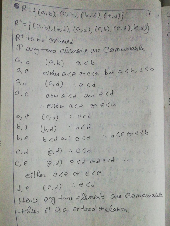 LOR={(a,b), (6,6), (b, d), (e, d)} R={(,6),1b, a),(a,d), 60,6), (ed), . d) Rt to be ordered no Is any tro elements are compon