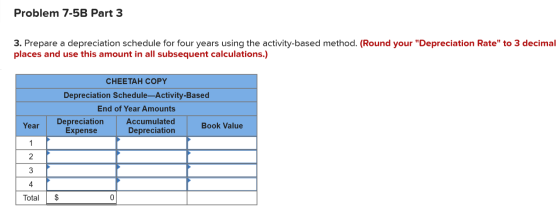 Problem 7-5B Part 3 3. Prepare a depreciation schedule for four years using the activity-based method. (Round your Depreciat