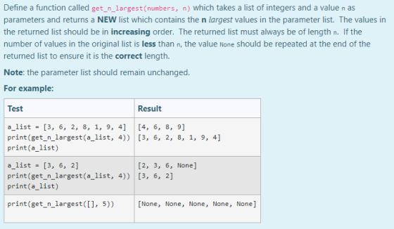 Define a function called get_n_largest (numbers, n) which takes a list of integers and a value n as parameters and returns a