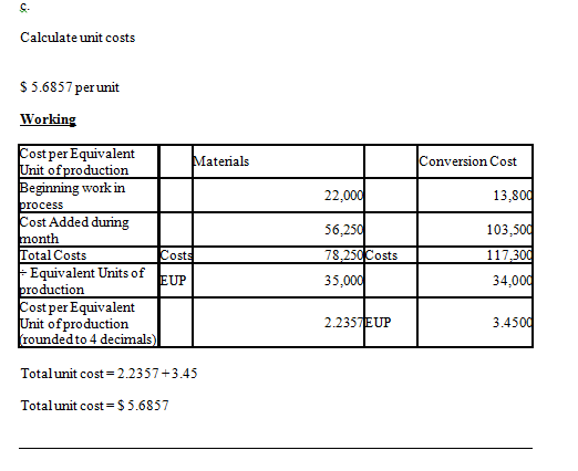 Calculate unit costs S 5.6857 per unit Working ost per Equivalent nit ofproduction aterials onversion Cost gnnng wo rk in 13,