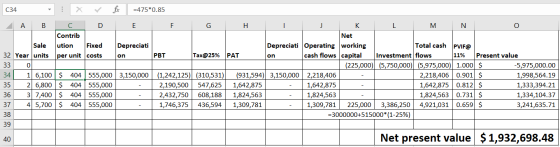 034 fix =475*0.85 E A B C D F G H I J K L MN Contrib Net Sale ution Fixed Depreciati Depreciati Operating working Total cash