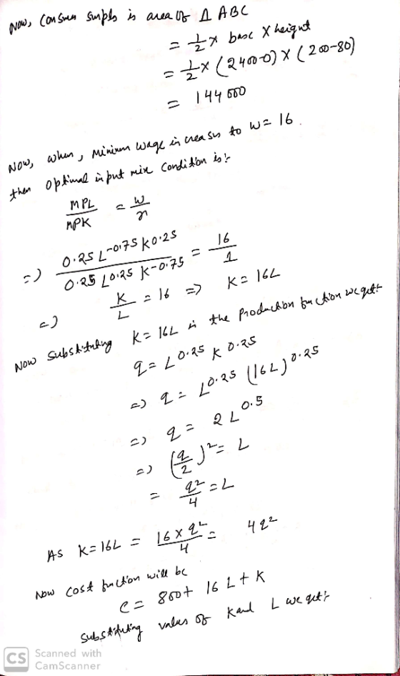 Now, consman supls is area of A ABC = £x basc X height -Źx (24000) X (20-80) = 144600 Now, when, minium wage in creash to w =