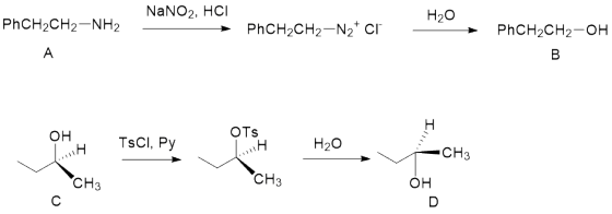 NaNO2, HCI H20 PhCH2CH2-NH2 neno, nel mooth*; a *180 . momenou PhCH2CH2-N2 cl PhCH2CH2-OH OH TsCI, Py H20 -CH3 CH3 OH