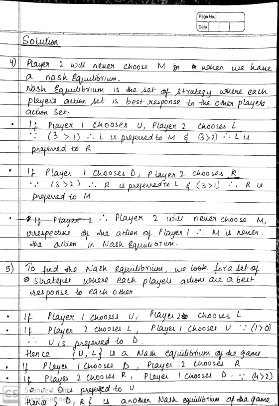 Page No. Date Solution 4Player 2 wi neuer nash Eaulibrium Nash EauulibrIum is dhe Aet ofstyategy uhere eauh players autien pe