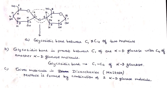 HO HO H 4 4 On OH HO OH 13 2 OH OH a) Glycosidic bond betwen C, Cy e to molecue with Cy glueo se D Gy cosidic bond is pres ea