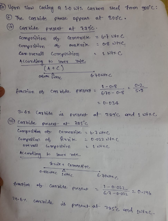 0. Upon slow cooling a 1.0 wt% carbon sted from 900°C: 16 The Carbide phase appear at 800°c. Carbide present at 729c. composi