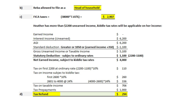 b) Reba allowed to file as a Head of household c) FICA taxes = (38000*7.65%) = $ 2,907 Heather has more than $2200 unearned i