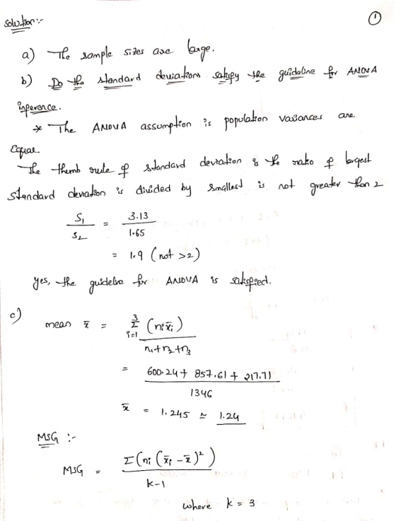 solution- 1. a) The sample sizes are large b) Do the standard deviations saksfy the guideline for ANOVA inference. * The AMOU