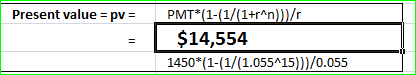 Present value = pv = PMT*(1-(1/(1+r^n/ $14,554 1450*(1-(1/(1.055415))}/0.055