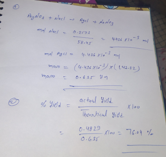 AgNO3 + Nacl - Agel & No Noz mol Nach = 0. 2593 1.926810-3 mol 58.45 = 4.436810-3 mol Agcl = man = man = 4.436x10 -3 mol (4.4
