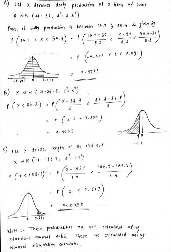 A lei x denotes daily produetion of a herd of cows Xan (el: 32, 0: 8.8°) Prob. of daily production is between 10.7 g 50.4 is