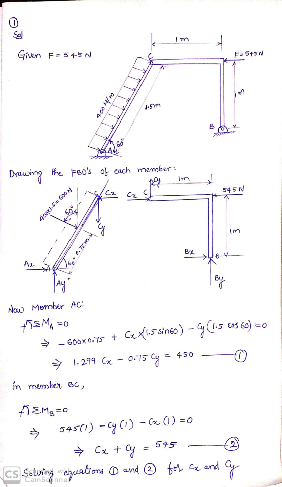 Given F=545N F=545N M/Noob lism Drawing the FBIs of each member: I coon nece al im 545N 400X1.5=600N 60 0.75my Ų BV Now Memb