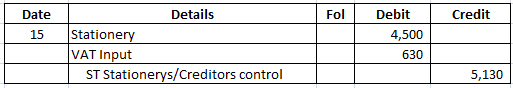 Date Details Fol Debit Credit Stationery VAT Input 4,500 15 630 ST Stationerys/Creditors control 5,130