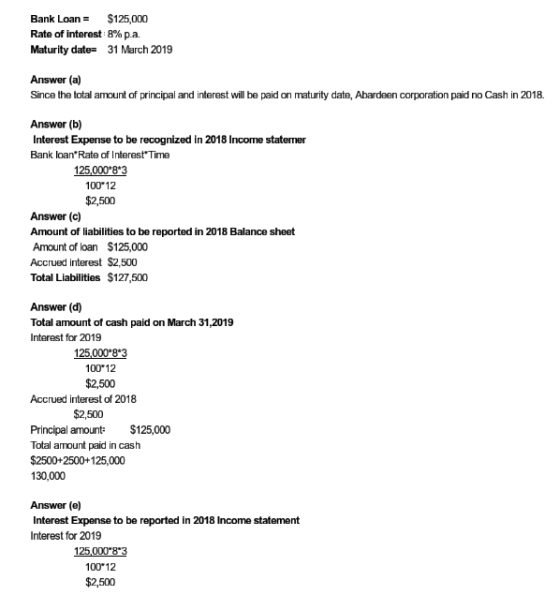 Bank Loan = $125,000 Rate of interest 8% p.a. Maturity date= 31 March 2019 Answer (a) Since the total amount of principal and