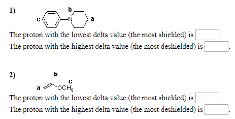 . The proton with the lowest delta value the most shielded) is The proton with the highest delta value the most deshielded) i
