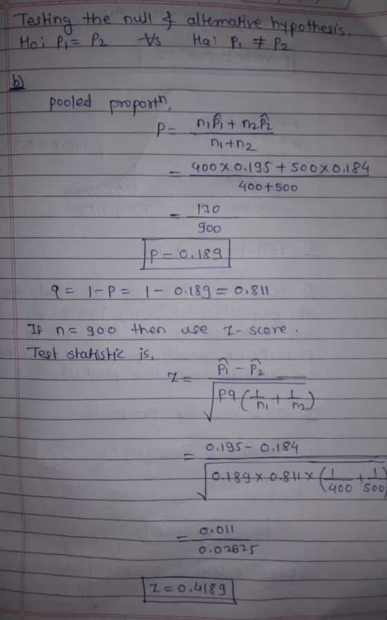 Testing the null & allemative hypothesis. Ha! Pi = P2 Hoi P = P2 b) pooled proporth, P- nihit mir ni+n2 40040.195 + 500x 0.18