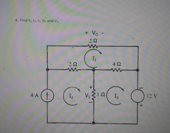 4. Find 11, 12, 13, Vo and V1. + Vo 352 40 4A ) V3101 Iz 12 Y