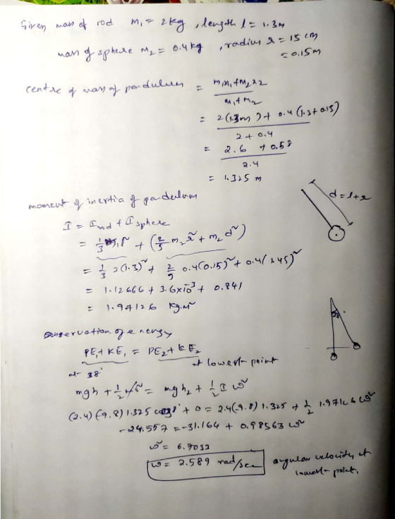Giren mass of rod mi= 2kg length l = 1.3m man of sphere M₂ = 0.4kg radius r = 15 cm 2015m centre of mass of pendulum = min, f