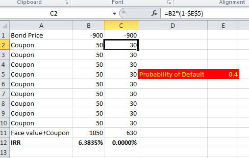 Clipboard Font Alignment fx =B2*(1-$E$5) B -900 c -900 30! 30 30 Probability of Default 0.4 A 1 Bond Price 2 Coupon 3 Coupon
