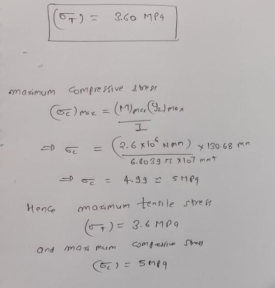= 3.60 MPa maximum compressive stress (oc) max = (^^) max (92) max I ore = (2.68100 nmm) x 130.68 mm 6.8039558 107 mmt o = 4.