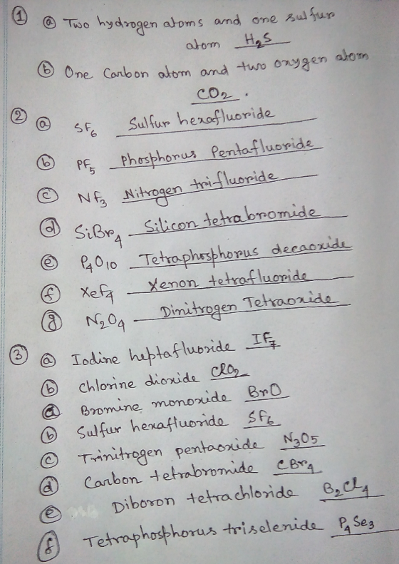 3 @ Two hydrogen atoms and one sulfur atom HAS 6 One Carbon atom and two onygen atom Cor. 2 st Sulfur hexafluoride PF Phospho