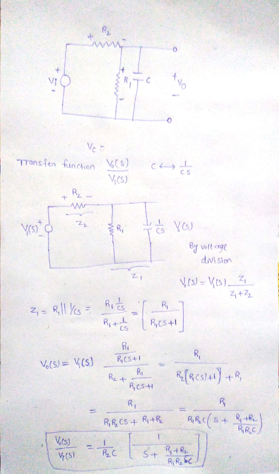 Transfer function VCS) Vo(s) AW Ritós vos) By voltage division V (S) = V(s) Z 21+22 Ri Z, = Roll Yes = Ć Rita RCS + Ri Vo(s)