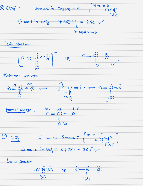 Valence é in Oxygen = bé Atino: = 8 T25 269 Valence e in clos = 7+ 6x3+1 = 267 For negative charge Lewis structure : ••07_ O=