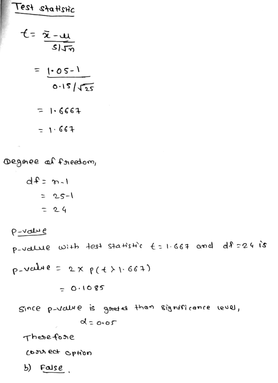 Test statistic t=ă-l sium = 1:05-1 0.15/525 = 1.6667 = 1.667 Degenee of freedom, df - nal 25-1 = 24 P-value P-value with test
