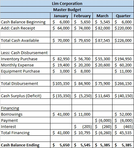 Lim Corporation Master Budget January February March Quarter $ 6,000 $5,650 $ 5,545 $ 6,000 $ 64,000 $ 74,000 $82,000 $220,00