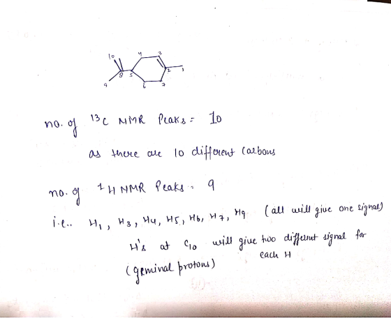 no. of 13C NMR peaks = ... as there are 10 different carbons no. of 1 H NMR Peaks a lila Hi, H3, H4, H5; H6, 47, Mg (all will