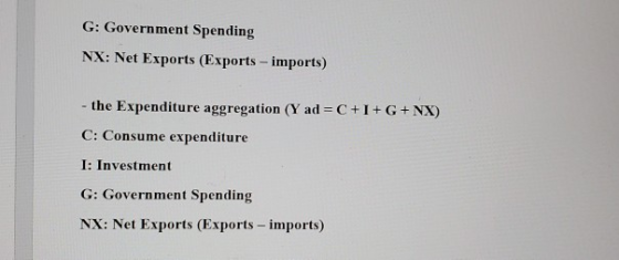 G: Government Spending NX: Net Exports (Exports-imports) C+I+ G + NX) - the Expenditure aggregation (Y ad C: Consume expendit