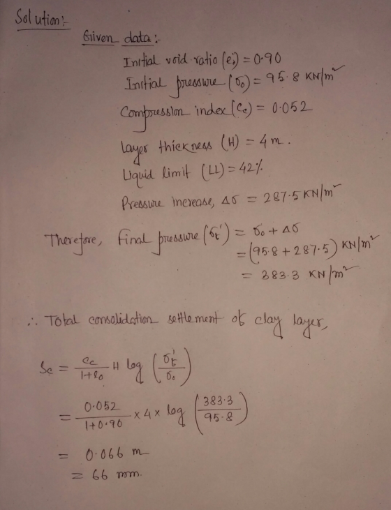 Solution- Given data: Initial void ratio (es) = 0.90 Initial presure () = 95.8 km Compresslm_index (C) = 0-052 Layer thicknes
