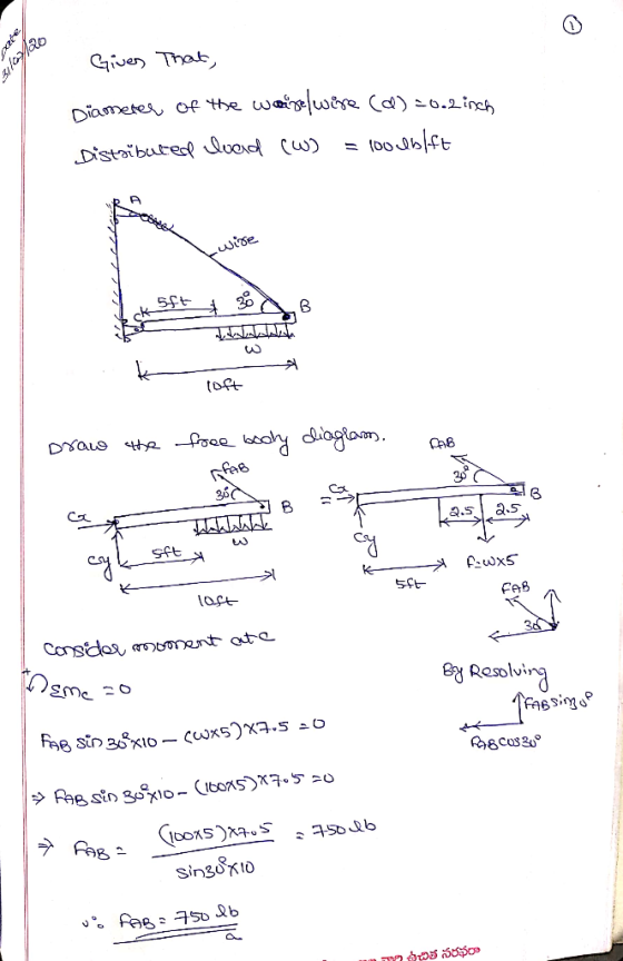 O silo/ Given That, Diameter of the wenselwise (Q)=0.2 inch Distaibuted load (w) looublft -wire Sft B loft Draw the free bool