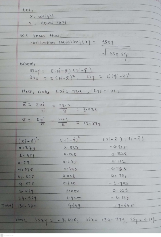 leti x = weight, V = Hours slept. know that correlation coefficient (8) = 9gay Essai ssassy where, ssay [(xi-) (Yi-Y) Ssx = {