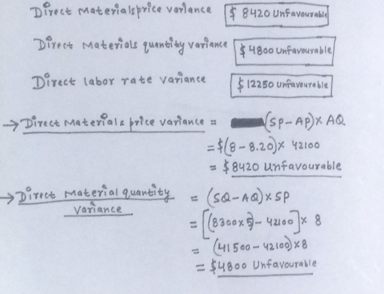 Direct Materialsprice variance 8420 Unfavourabile Direct Materials quaneiay variance $4800 Unfavouyable Direct labor rate var