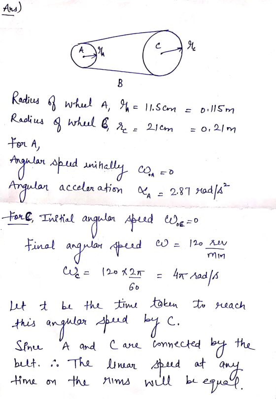 Ans) A Me B Radius of wheel A, lh = 11.5cm 0.115m Radius 8 wheel 6, re = 21 cm 21m for A, Angular speed initially como Angula