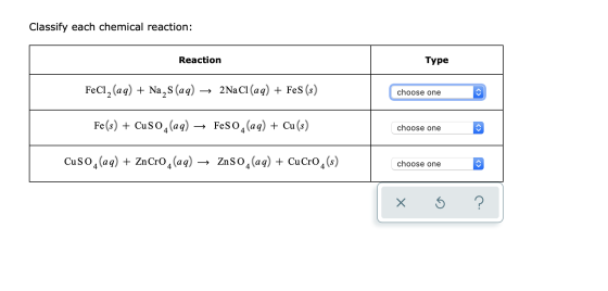Classify each chemical reaction: Туре Reaction FeCl2(aq) Na2s (a q) 2Na Cl (a q) + FeS (s) choose one Fe(s) CuSO4 (aq) FeSO4