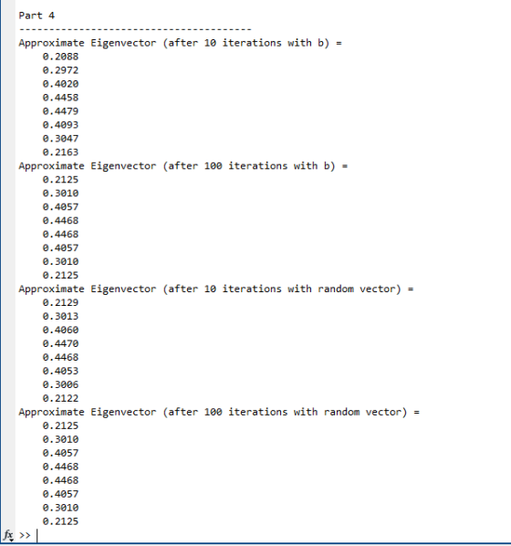 Part 4 Approximate Eigenvector (after 10 iterations with b) = @.2088 0.2972 0.4020 0.4458 0.4479 0.4093 0.3047 0.2163 Approxi