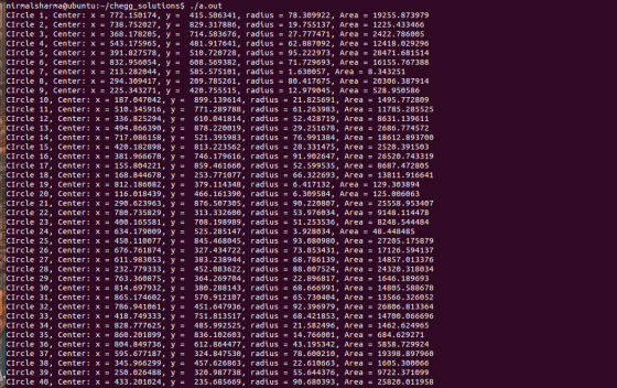 nirnalsharma@ubuntu:-/HomeworkLib_solutions$./a.out Circle 1, Center: x 772.150174, y 415.506341, radius = 78.309922, Area = 19255.