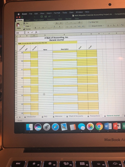 Edit & View Excel File Tools Insert Format Data Window Help Matt Niquette Financial Accounting Project.xls - Compatibility Vi