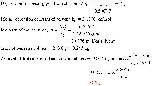 Depression in freezing point of solution, AT = Toernere soret - Troll =0.500°C Molal depression constant of solvent ky = 5.12